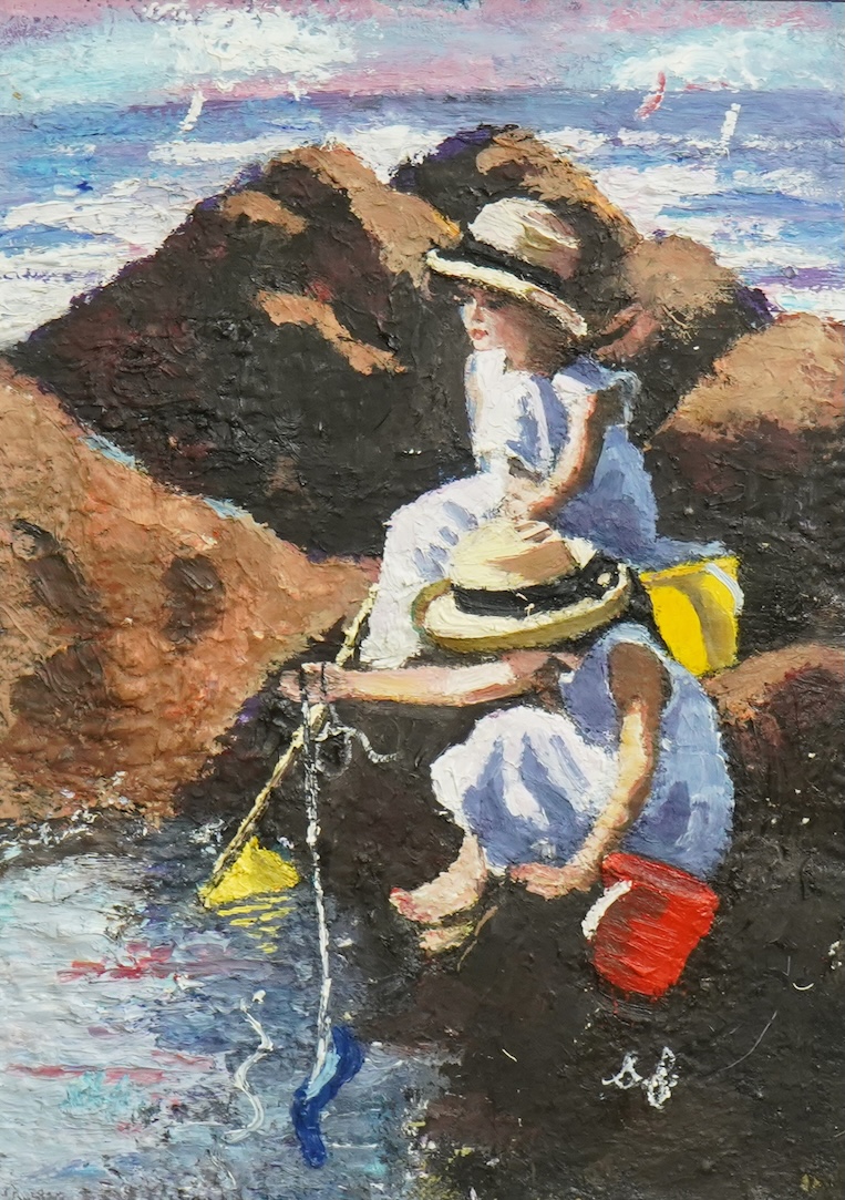 Sharyn Jennings (British, 20th C.), Children rock pooling, oil on board, 31 x 22cm